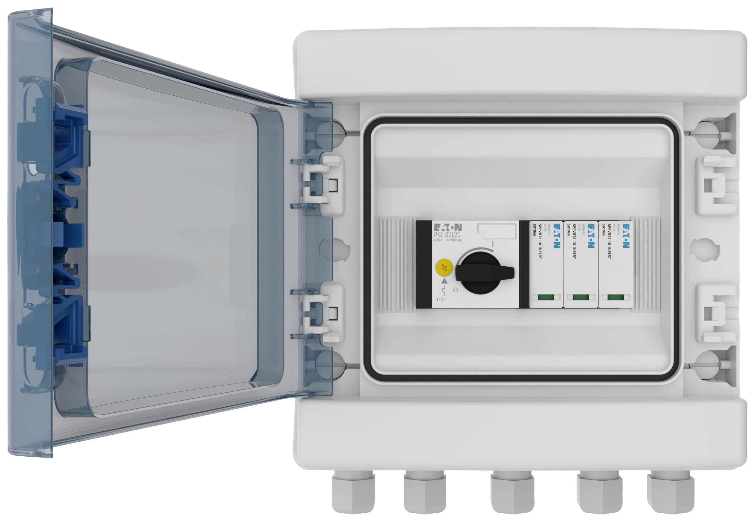 Electrical cabinet with an open lid, displaying switches and fuses, used for controlling electrical connections.