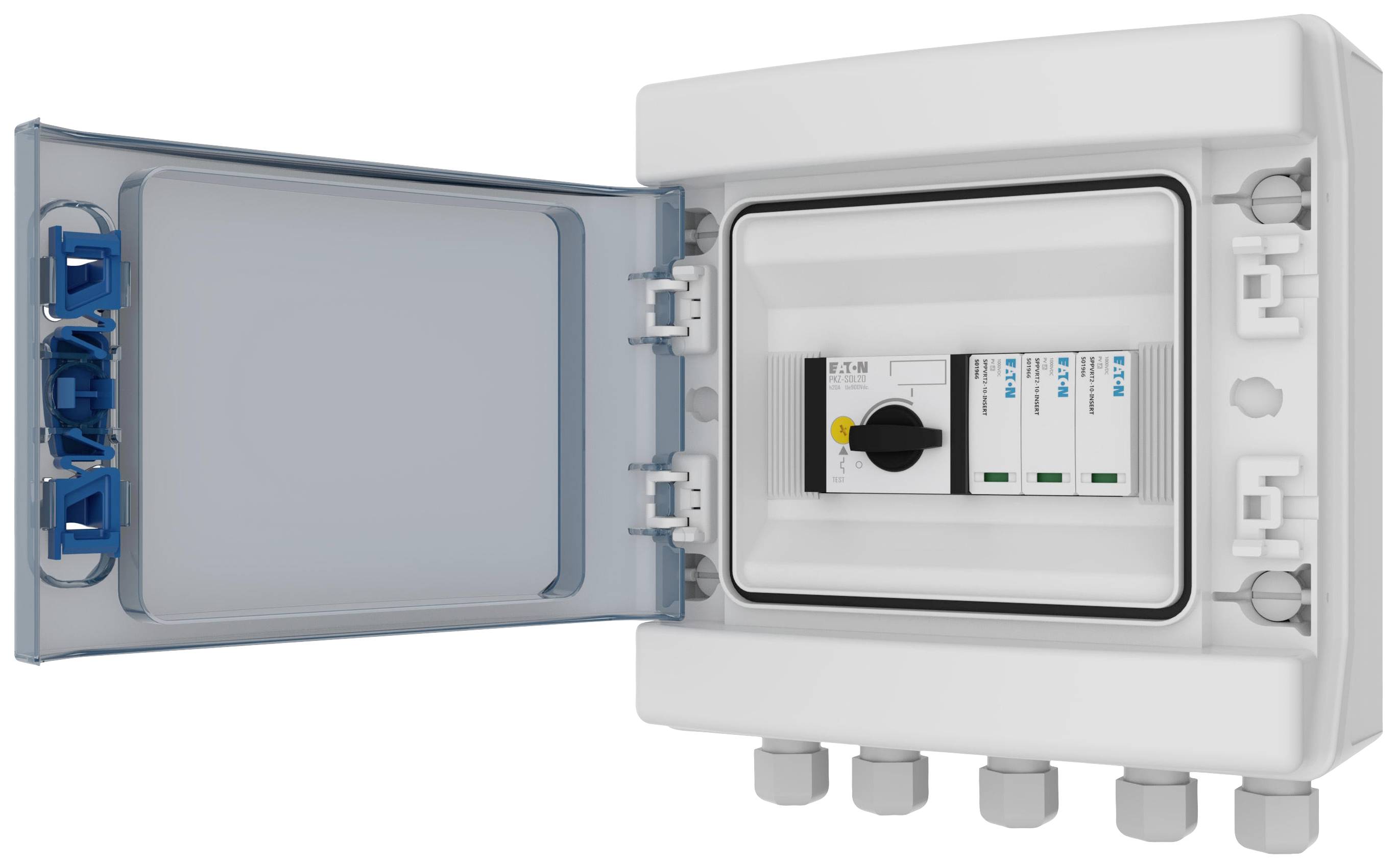 An open consumer unit shows three installed circuit breakers. The cover is opened to the side to display the fuses.