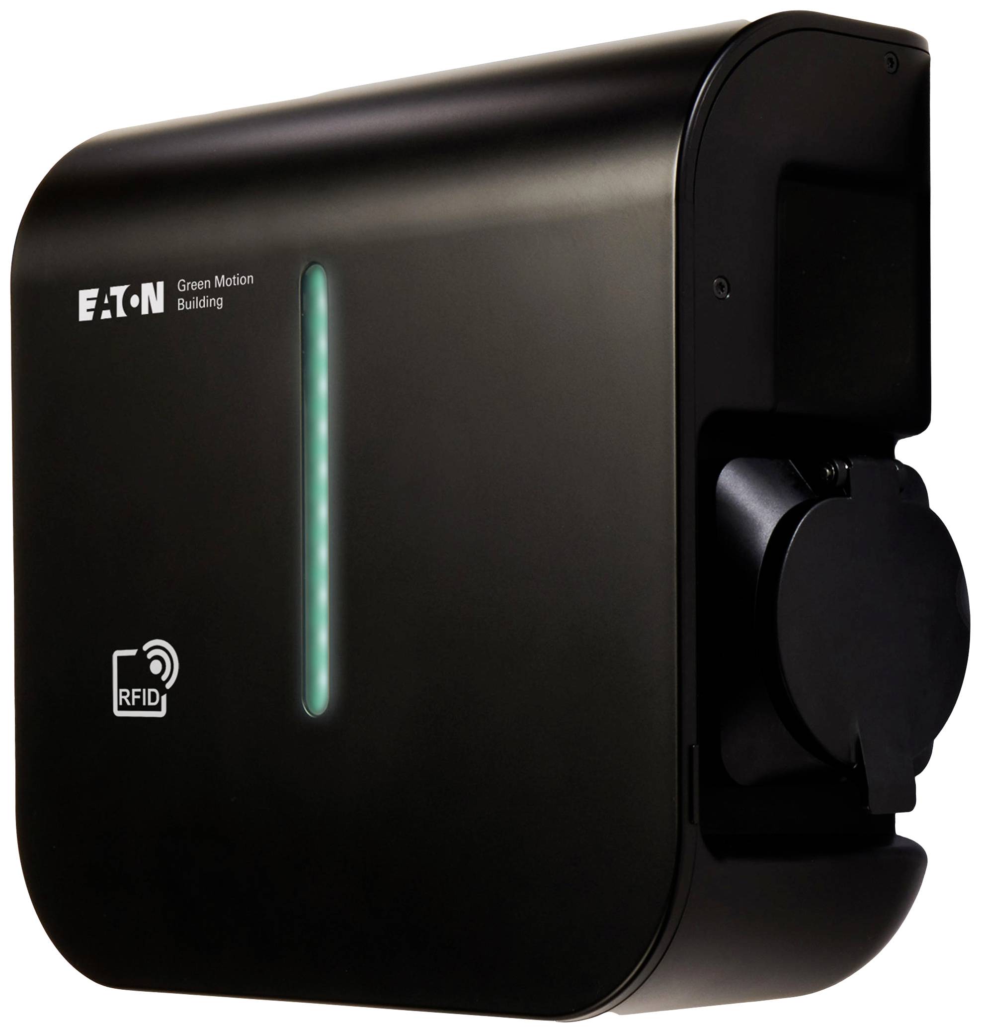 A black electric charging station with an RFID logo and vertical LED strip. Labelling: 'EATON Green Motion Building'.