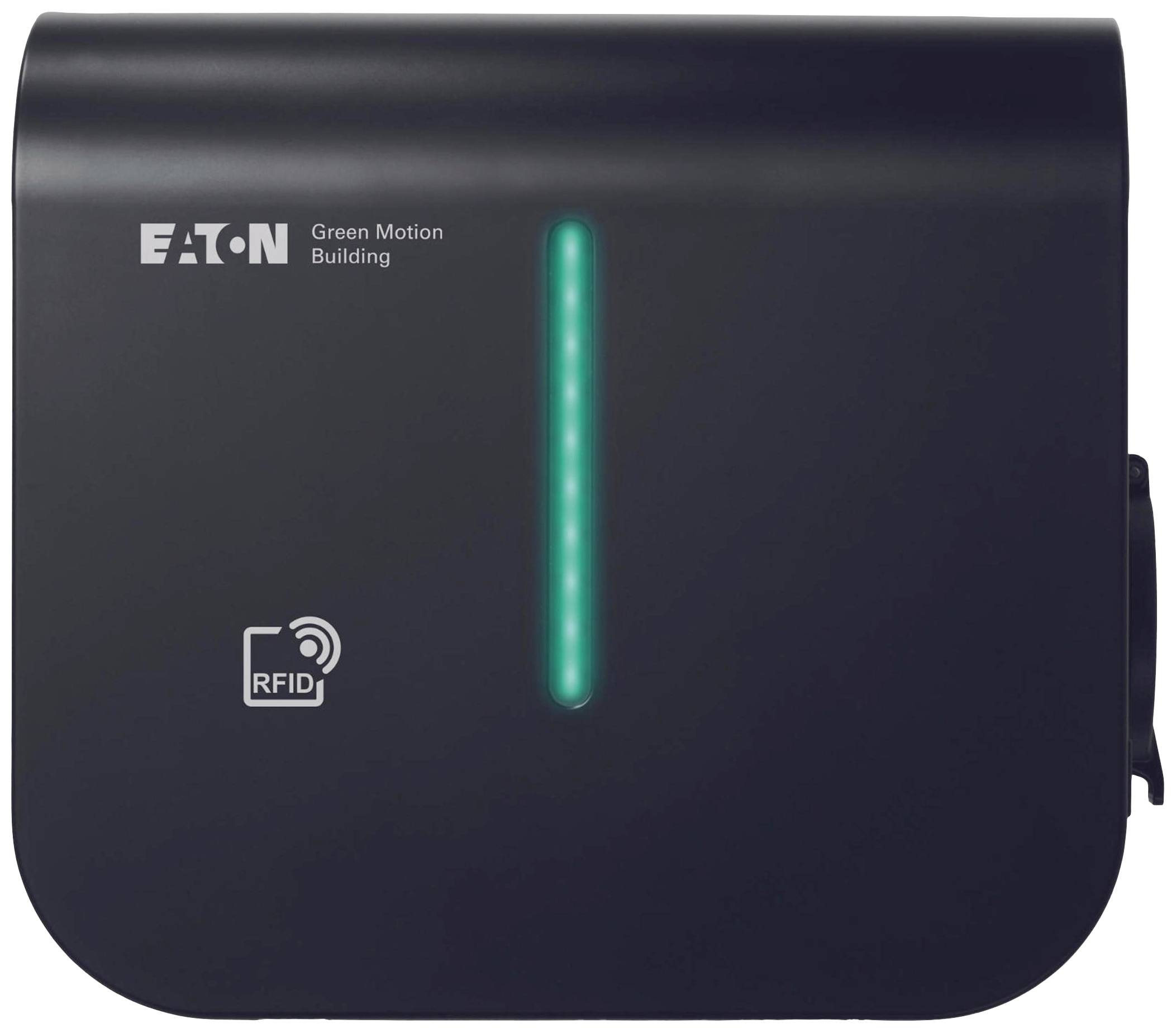 Black charging unit with illuminated vertical LED strip, inscription 'Eaton Green Motion Building', with RFID symbol underneath.