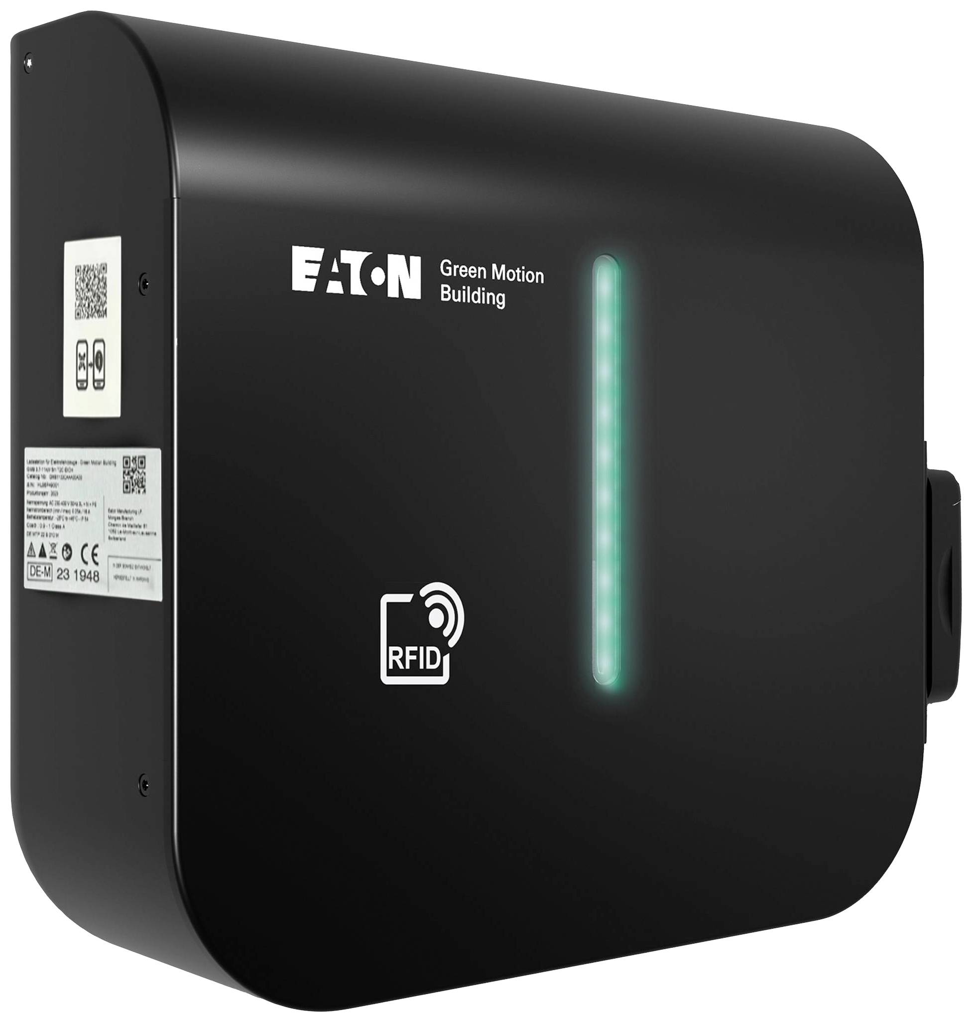Black wall-mounted charging station with RFID logo, LED display and QR code for buildings, brand 'Eaton'.