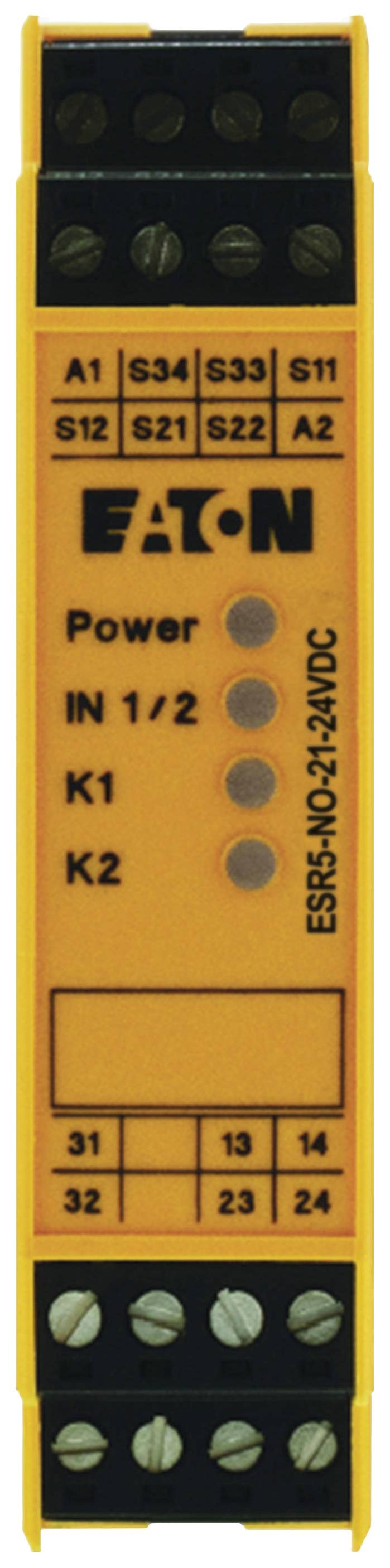 Eaton safety switching device with yellow housing. Includes indicator lights for Power, IN 1/2, K1 and K2. Model: ESR5-NO-21-UC.
