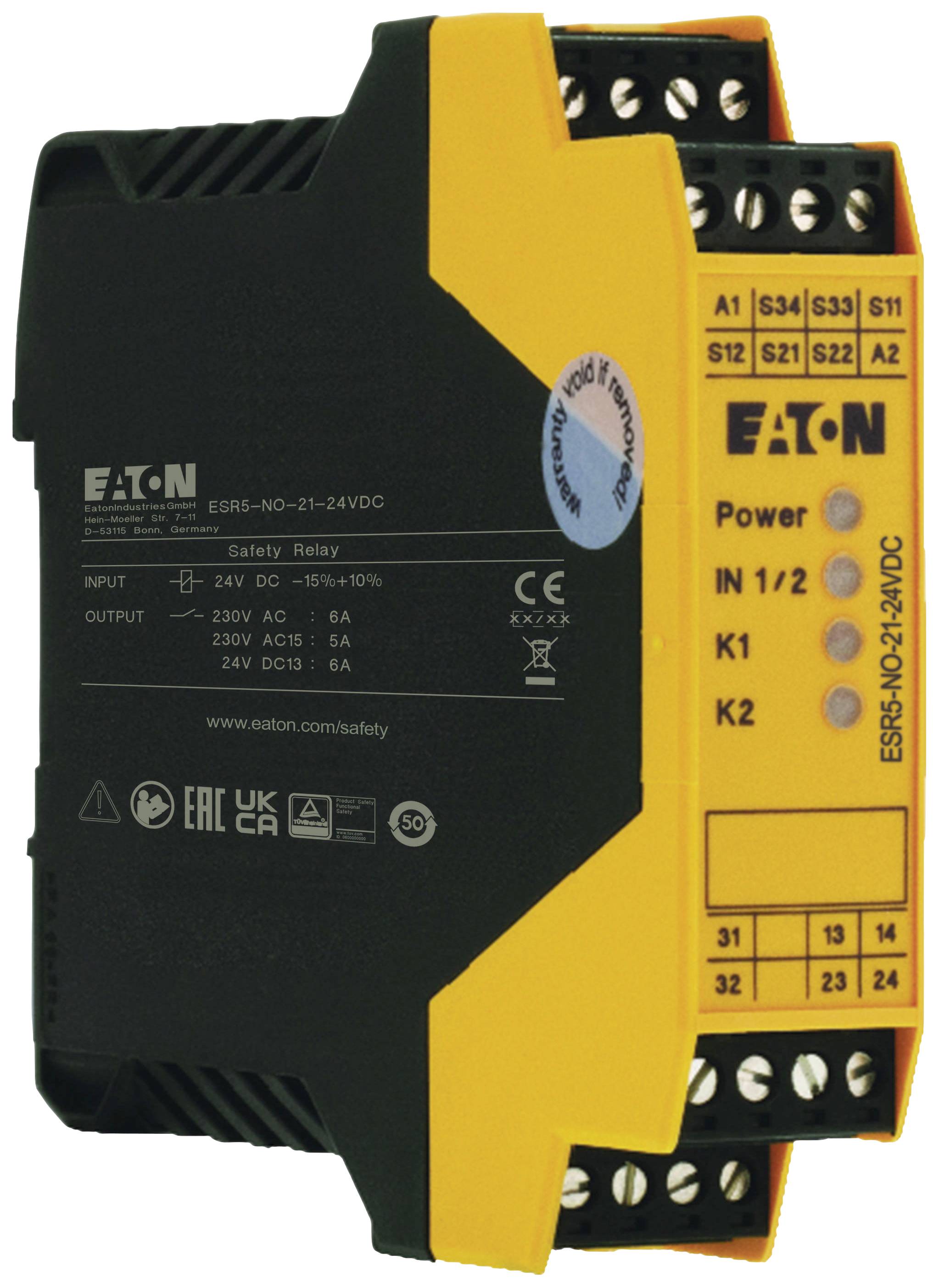 Eaton safety relay, model ESR5-NO-21-24VDC, with connections for power supply and control circuits, CE-certified.