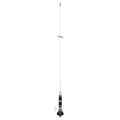 Image of a narrow, long antenna with a black and blue base. It is vertically oriented and has a thin rod as its main part.