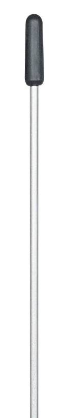 A long, narrow metal rod with a black, oval handle at the upper end.