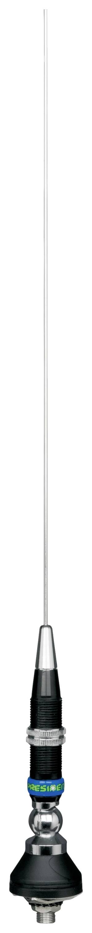 A long mobile phone antenna with a black and silver base and a blue stripe in the middle. It is used for signal enhancement.