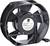 A black fan with a sticker on the front displaying technical specifications, including voltage and size.