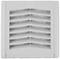 Square, white ventilation aperture. Six horizontal louvres. Ventilation system for air circulation.