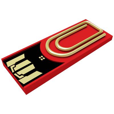 A red USB stick in the shape of a paperclip. A black and gold graphic on the surface.
