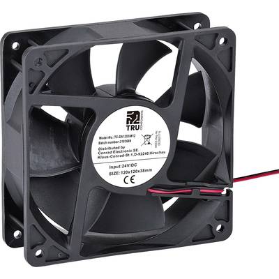 A black computer fan with cables. The label displays model information and specifications: 24V DC, size 120x120x38mm.