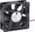 A black computer fan with cables. The label displays model information and specifications: 24V DC, size 120x120x38mm.