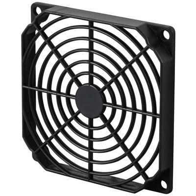 A black, square plastic ventilation grille with round struts to protect fans in technical equipment.