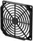 A black, square plastic ventilation grille with round struts to protect fans in technical equipment.