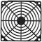 Square, black ventilation grille with a circular, concentric design in the centre. Used for protection and cooling.