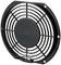 Black, round plastic ventilation grille with multiple hole patterns, suitable for covering a fan to provide protection.