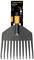 A black leaf rake from Fiskars with orange accents. Logos and technical specifications are visible on the packaging.