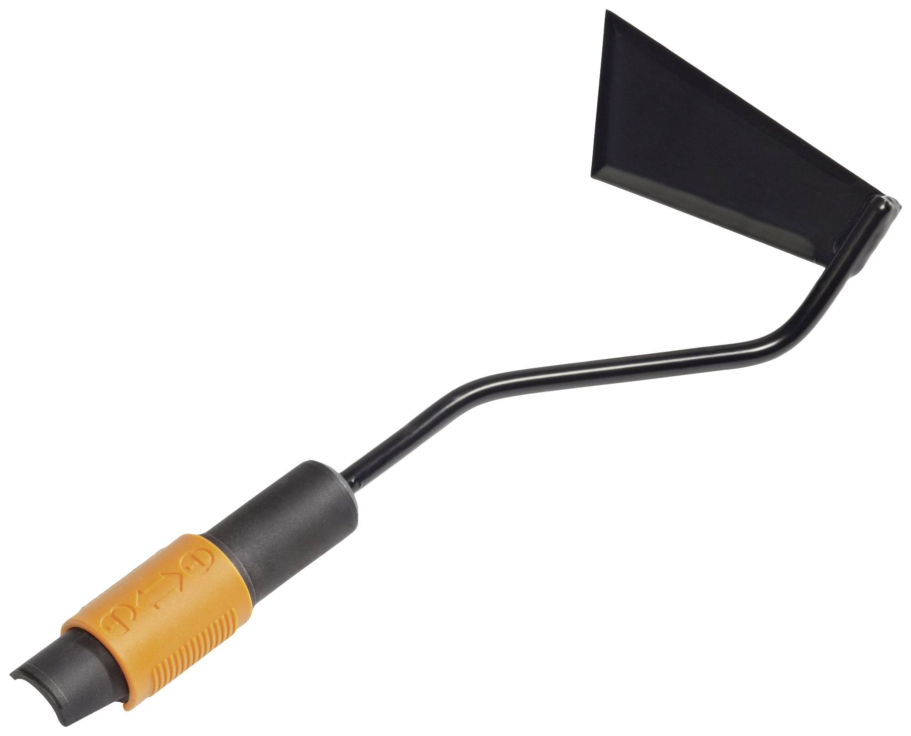 Hand trowel with an orange and black handle and a triangular metal blade. Perfect for garden tasks such as weeding and soil cultivation.