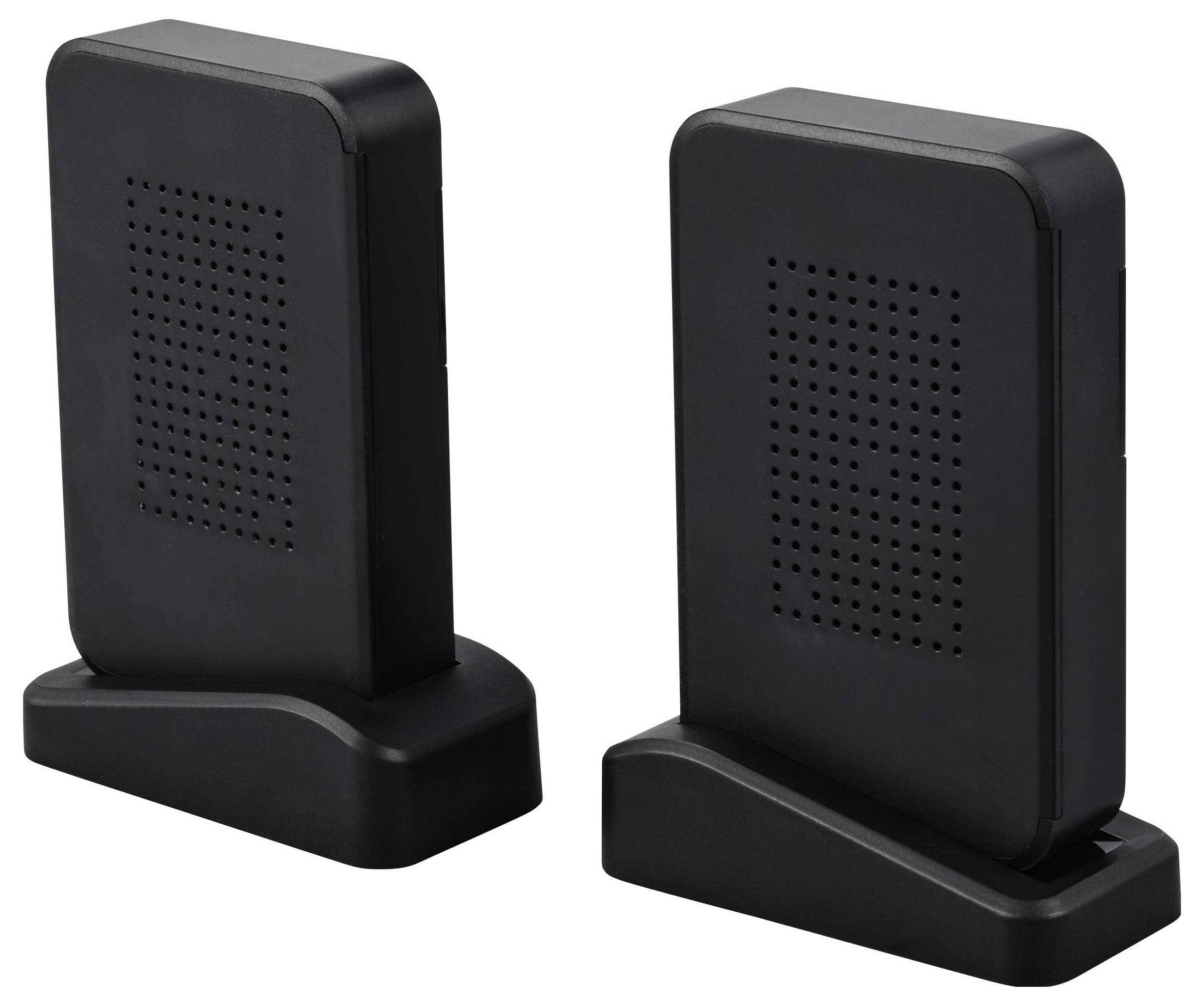 Two black, rectangular floor-standing speakers on plinths, with a perforated front for sound emission.