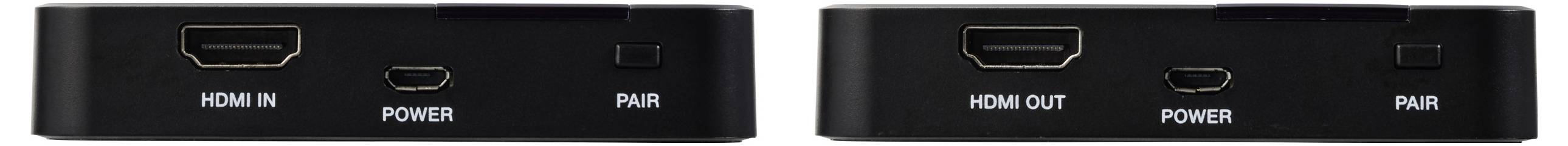 Two black devices with HDMI 'IN/OUT' ports and 'POWER' connections. Left 'HDMI IN', right 'HDMI OUT'. Both with 'PAIR' button.