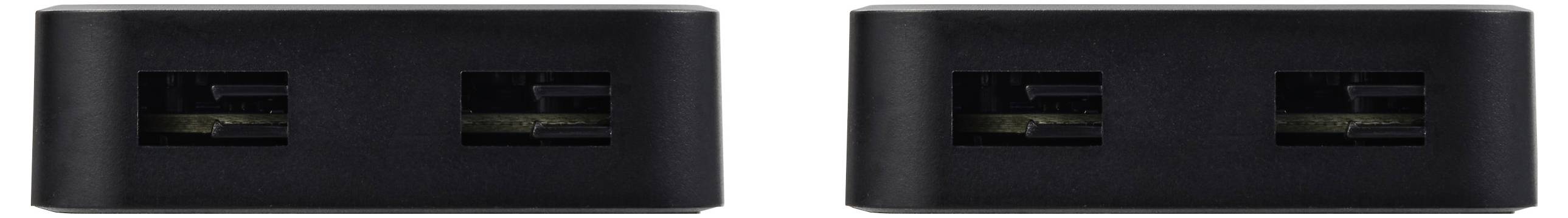 Two black USB chargers, each with two USB ports, placed side by side.