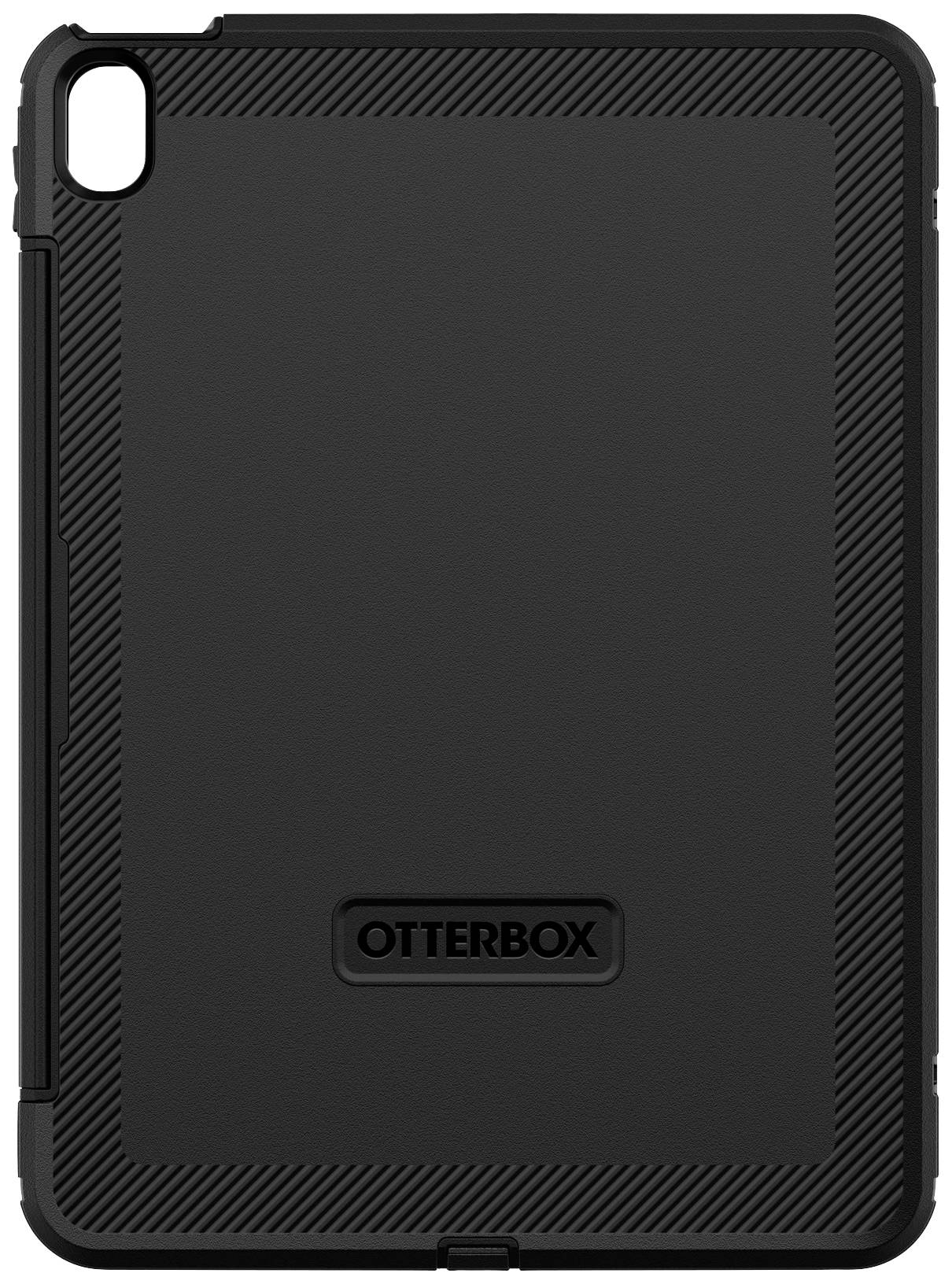 Black tablet case with robust design and marked 'OtterBox' logo in the centre; designed to protect the device.
