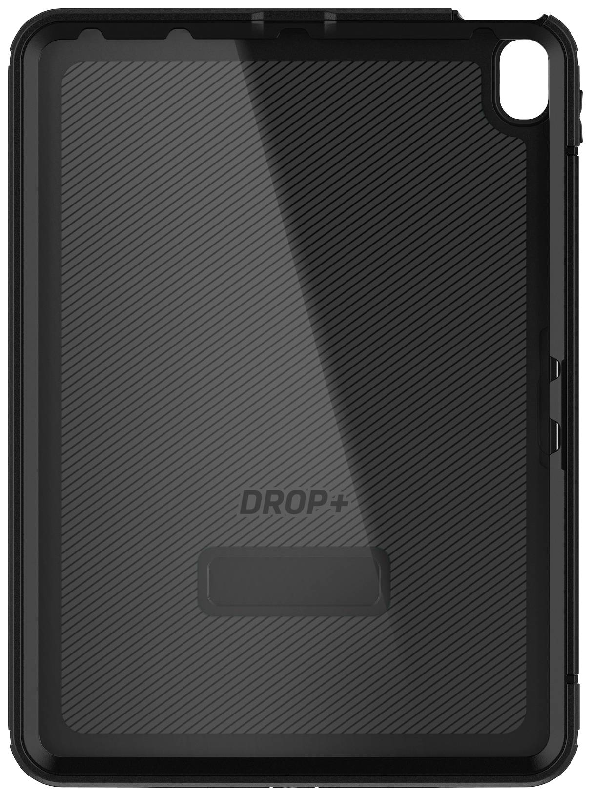Black tablet protective case with diagonal line pattern, rectangular 'DROP+' print in the centre and cut-out for the camera lens.