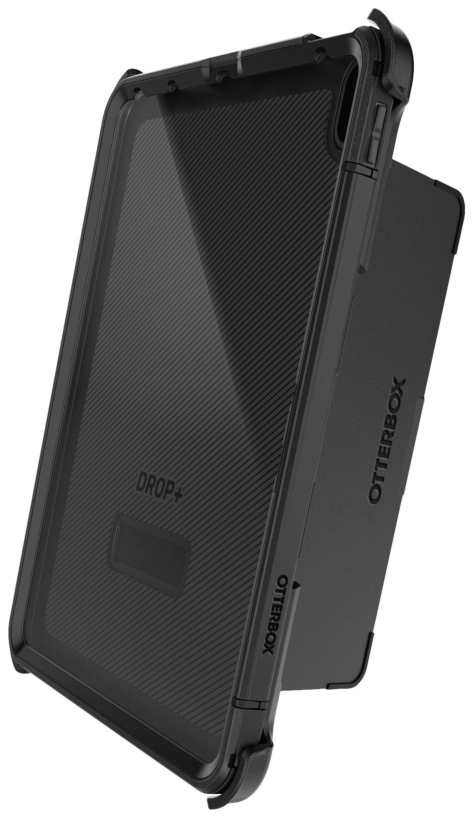 Robust, black protective case by Otterbox for a tablet, providing maximum protection against impacts and drops.