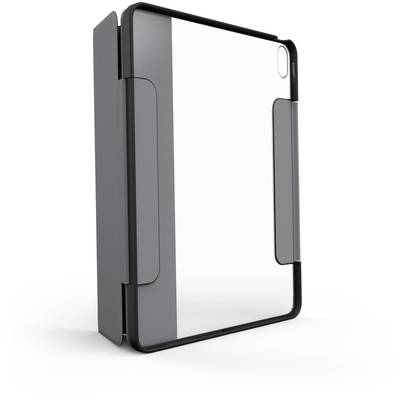 A grey-black tablet case that is partially open. It reveals a clear cover and side holders.