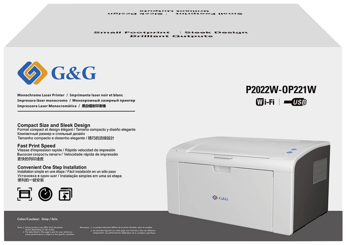 'Packaging of a G&G Monochrome Laser Printer. Features: rapid printing, compact, simple USB and Wi-Fi setup.'
