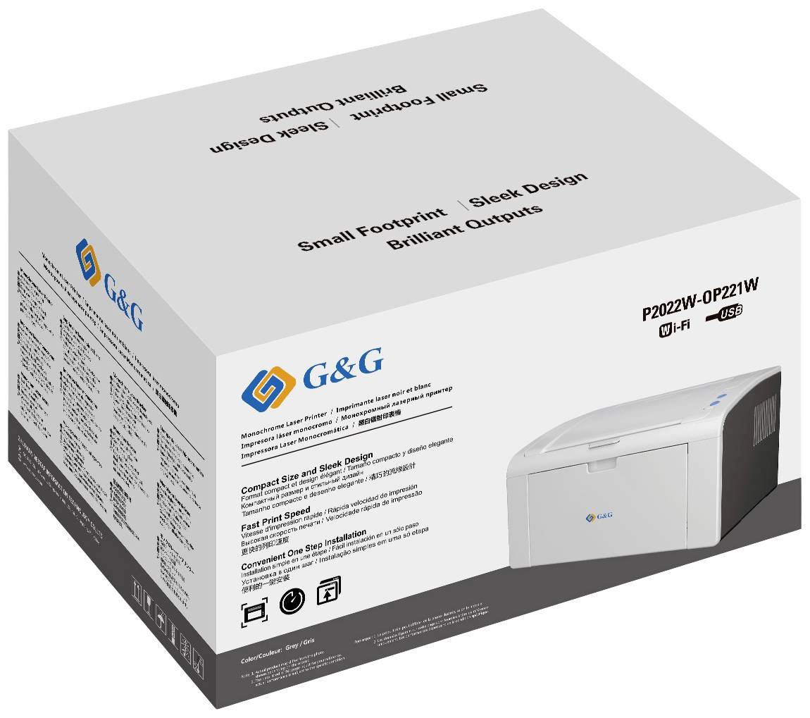 Printer box by G&G, Model P2022W-0P221W. Labels emphasise 'Compact Size', 'Stylish Design' and 'Brilliant Output'. Image of the printer on the packaging.