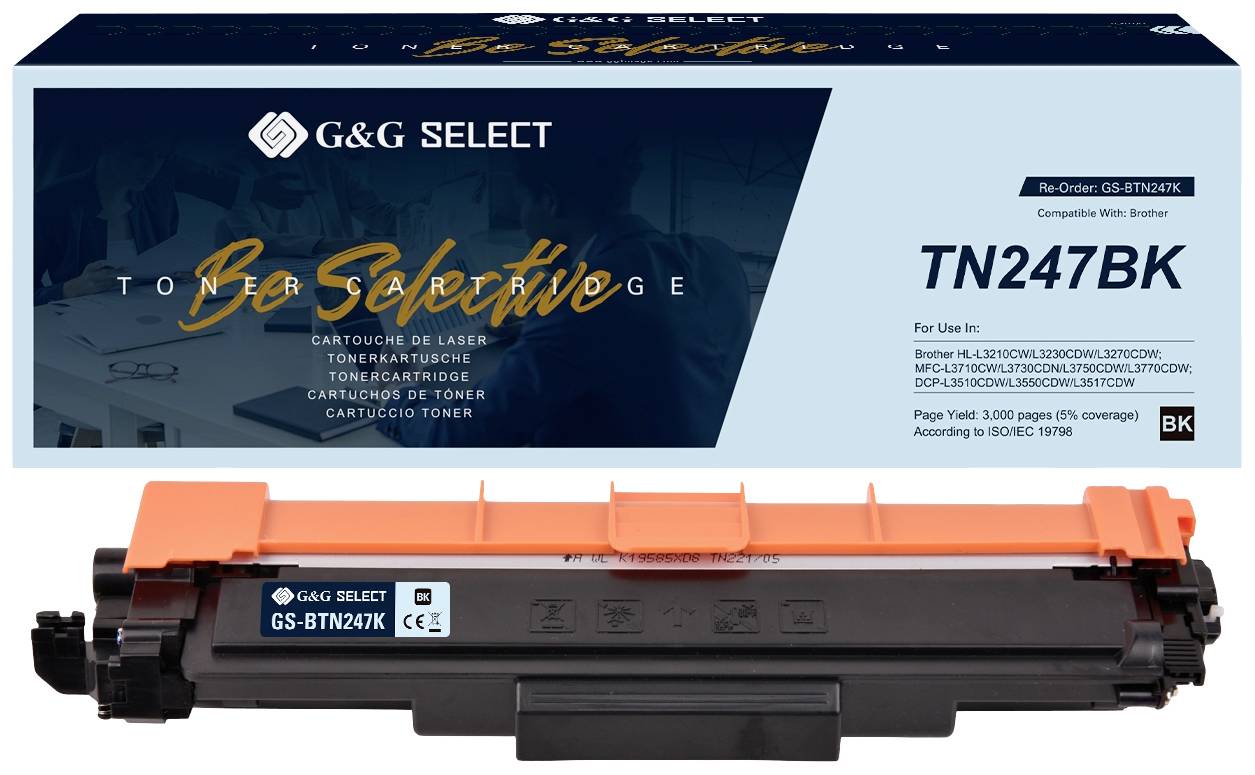 'TN247BK toner cartridge from G&G Select, compatible with Brother, Black. Suitable for printer models in the HL-L3210/3230 series.'