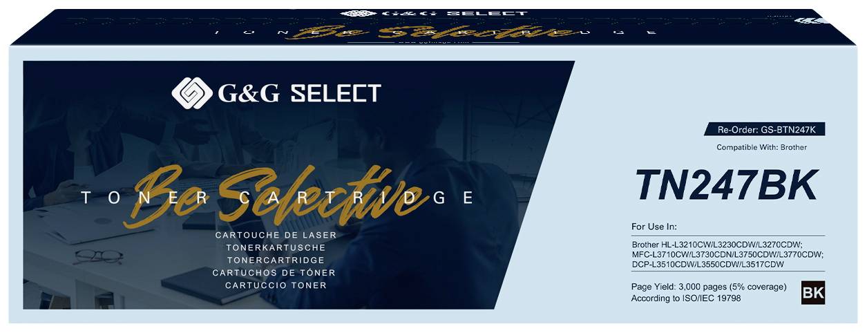 'G&G Select TN247BK Toner Cartridge, compatible with Brother printers. Colour: Black. Approximate page yield of 3,000 pages.'