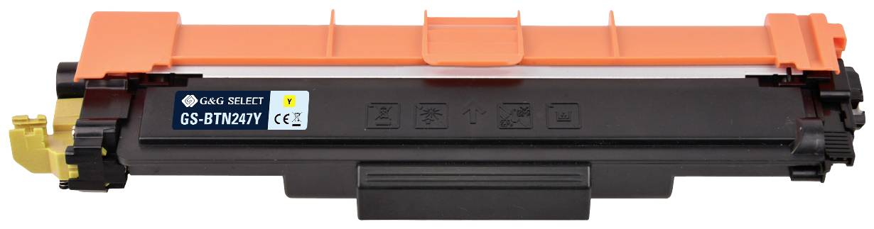 A black printer toner with an orange cover, model 'GGSELECT CS-BTN24Y', displays printed compatibility symbols.