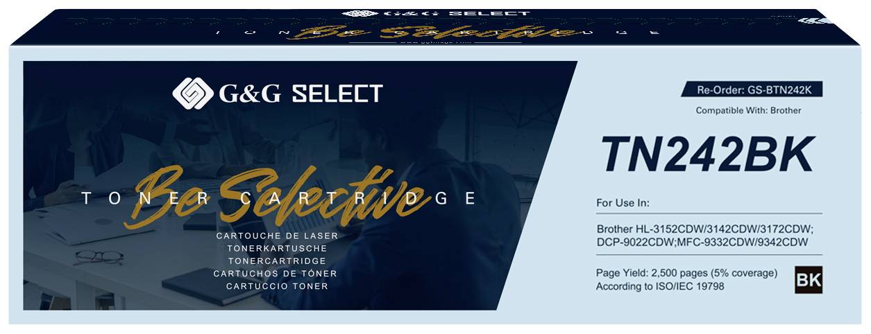 'Toner Cartridge TN242BK for Brother'. Box shows compatible models HL-L3152CDW, DCP-9020CDW, 2,500 page capacity at 5% coverage.