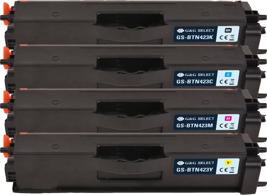 'Four stacked printer cartridges in the colours Black, Cyan, Magenta and Yellow. Each cartridge displays the model GS-BTN423.'