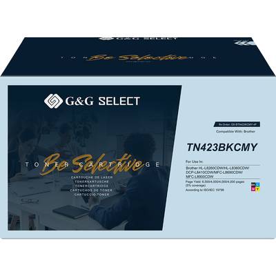 A packaging for G&G Select Toner with the inscription 'Be Selective' and compatibility with Brother printers, model TN423BKCMY.