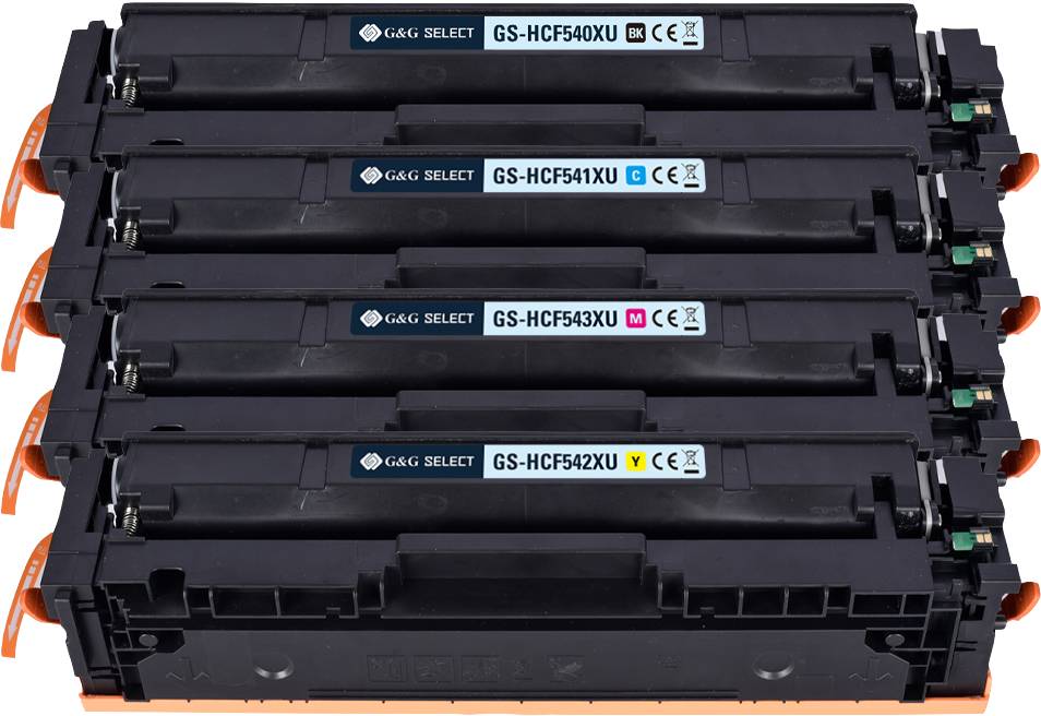 Four overlapping printer cartridges in black, cyan, magenta, and yellow.