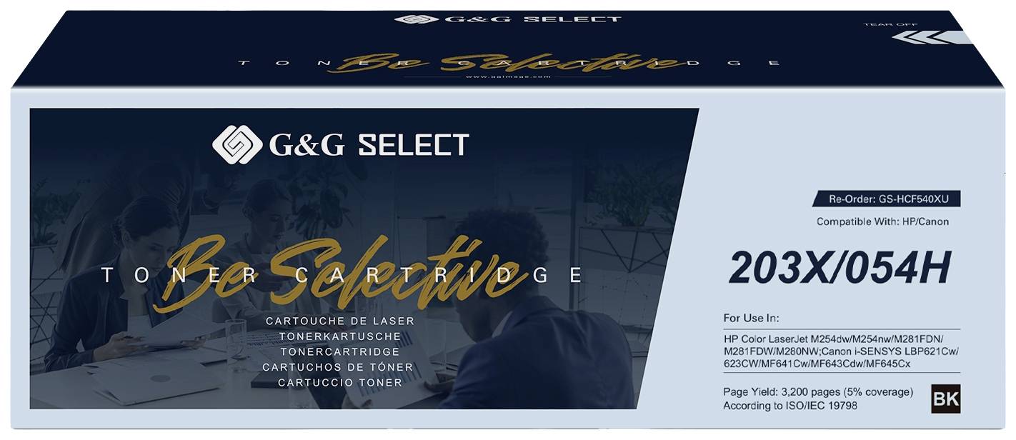 'G&G Select Toner Cartridge, Model 203X/054H, compatible with HP Canon. Colour Black. Manufactured for high print performance.'