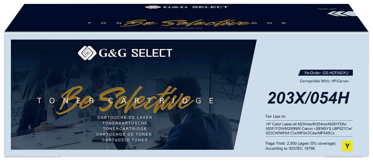 Box of a G&G Select toner cartridge, Model 203X/054H, compatible with HP Canon, for approximately 2,500 pages, in a blue design.