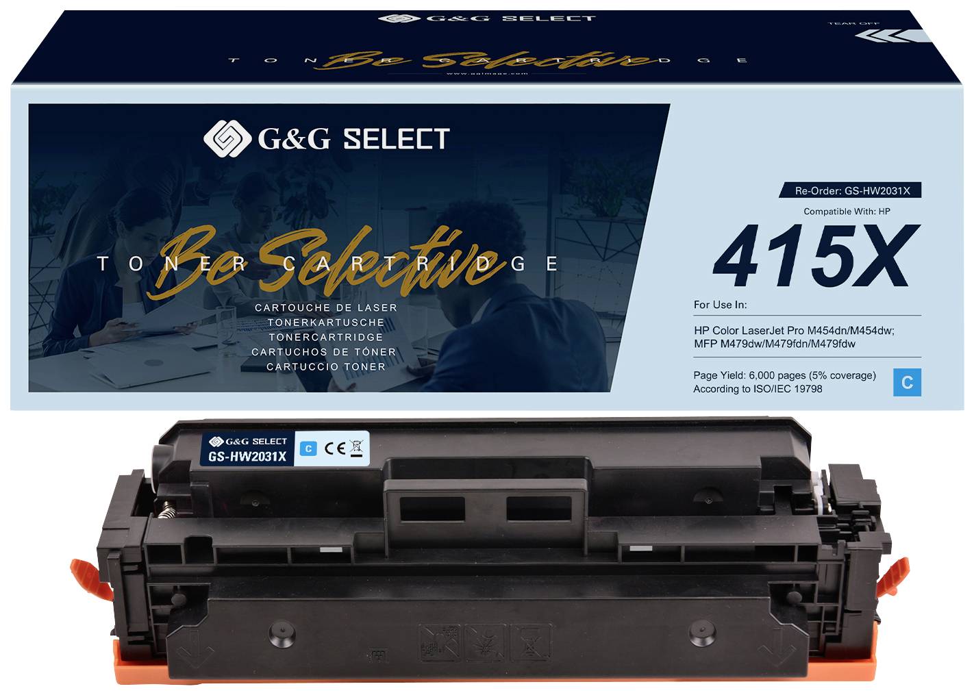 Packaging for a black toner cartridge with product name 'G&G Select', model number '415X', compatible with HP laser printers.