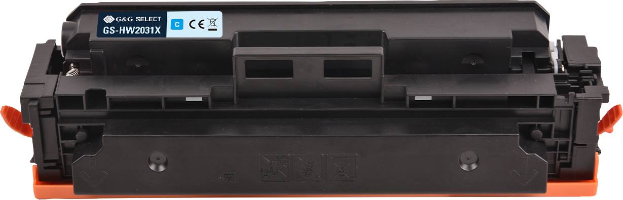Toner cartridge with a 'GS-HW2031X' sticker, black plastic housing, marked with CE and other certification symbols.
