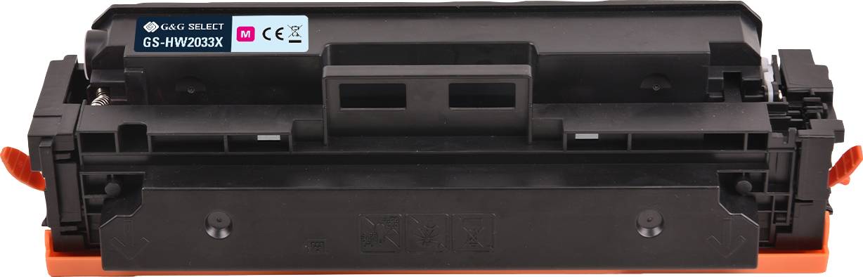 'Printer toner cartridge with label "G&G Select GS-HW203XX M" and CE marking. Black cassette shape, orange handles.'