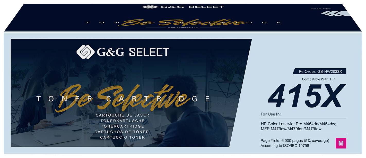 'G&G SELECT 415X Toner Cartridge, compatible with HP Color LaserJet Pro M454/M479. Good for 21,000 pages ISO/IEC 19798.'