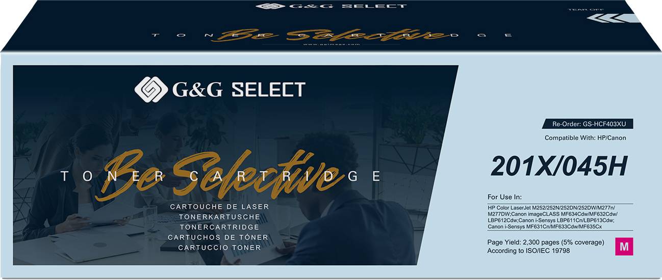 Cartridge for Laser Toner by G&G Select. Label reads 'Be Selective'. Model number 201X/045H. Compatible with HP/Canon.