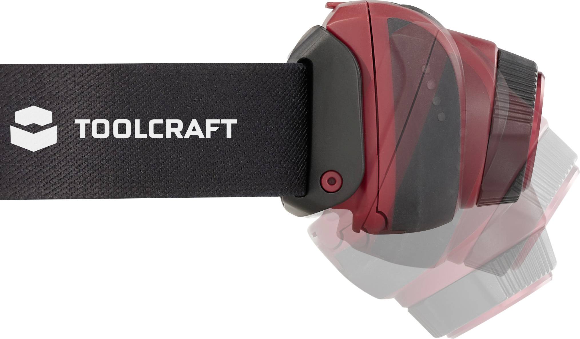 'Head lamp with pivoting red housing and elastic band featuring the TOOLCRAFT logo. Suitable for hands-free use.'