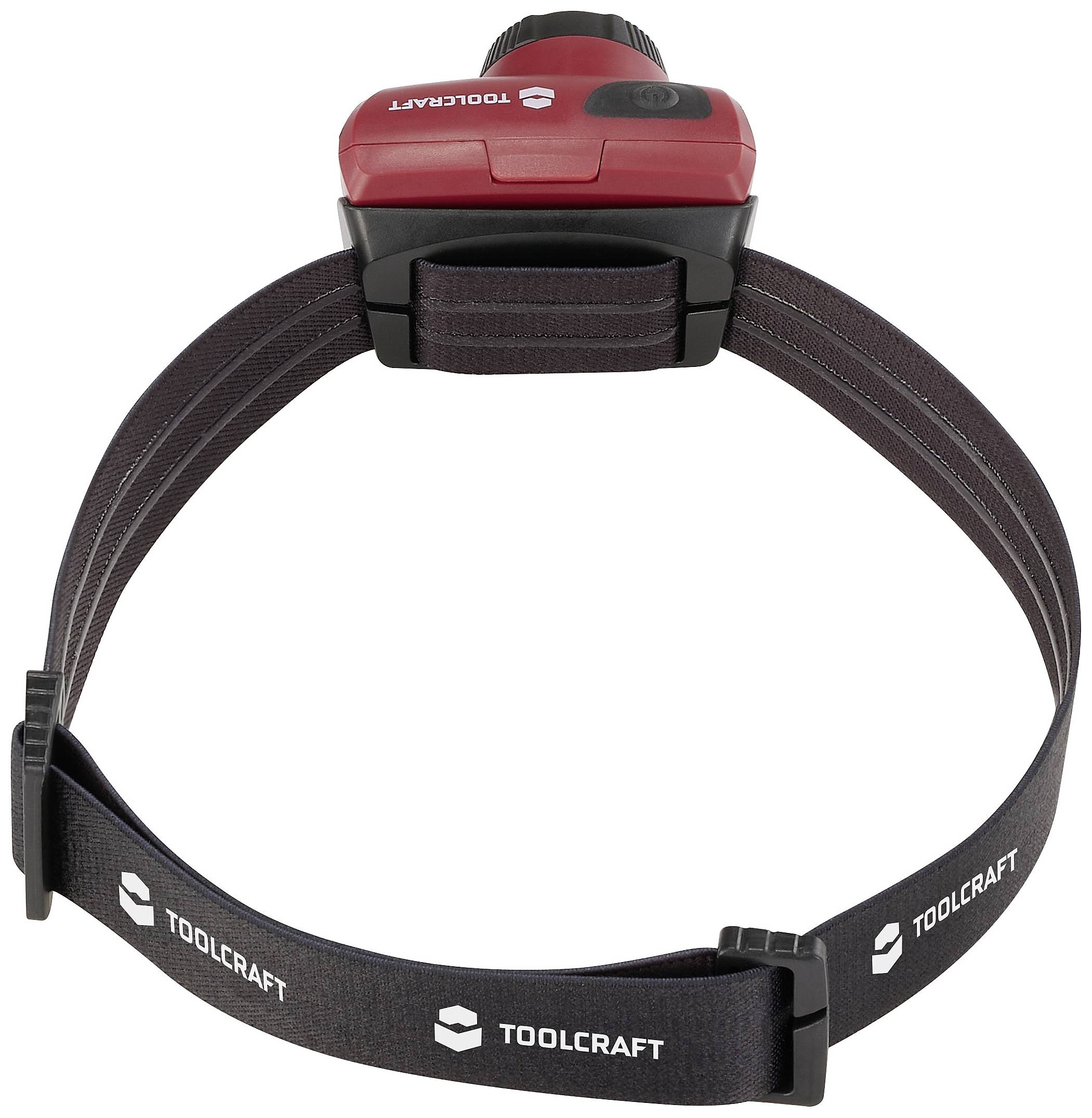Headlamp by Toolcraft, black and red design, adjustable elastic strap with 'TOOLCRAFT' printed text. Ideal for hands-free tasks.