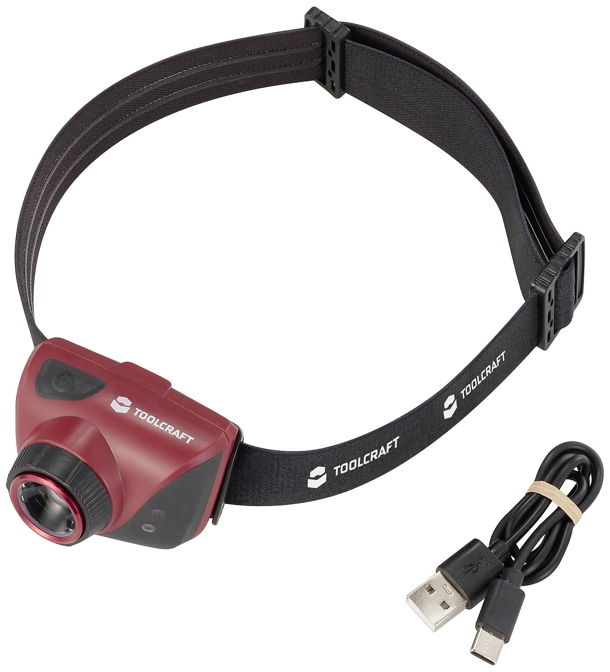 Black and red head torch set by Toolcraft with USB charging cable. Perfect for hands-free lighting in the dark.