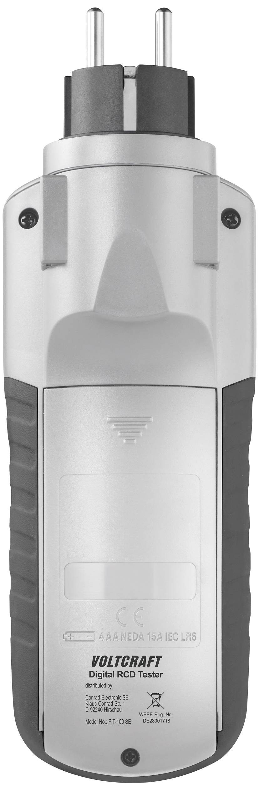 Digital RCD tester by VOLTCRAFT, shown vertically. At the top is the mains plug, with the handle area and control elements at the bottom.