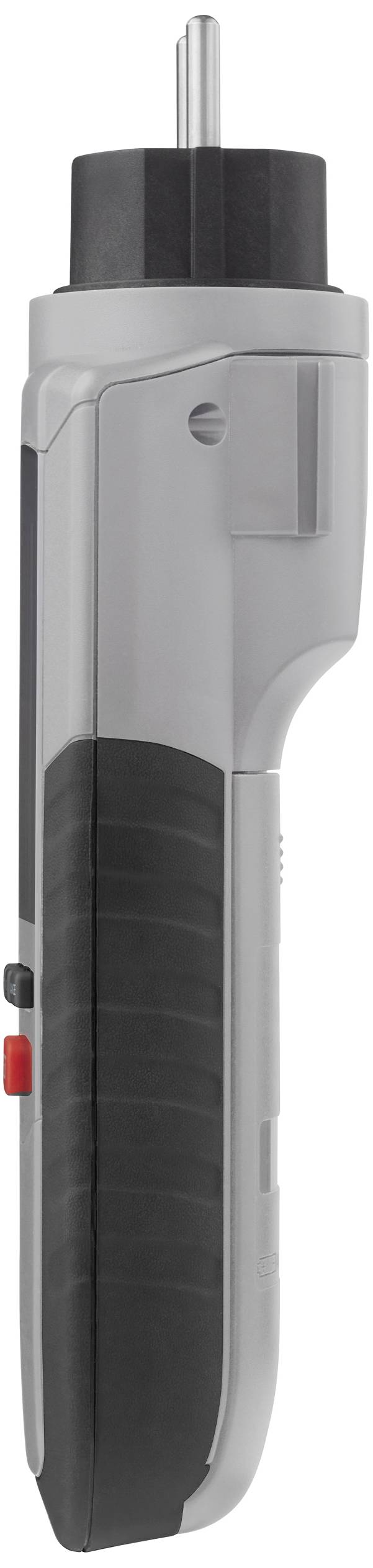 A silver and black electric screwdriver pictured from the side, featuring a red button and ergonomic handle.