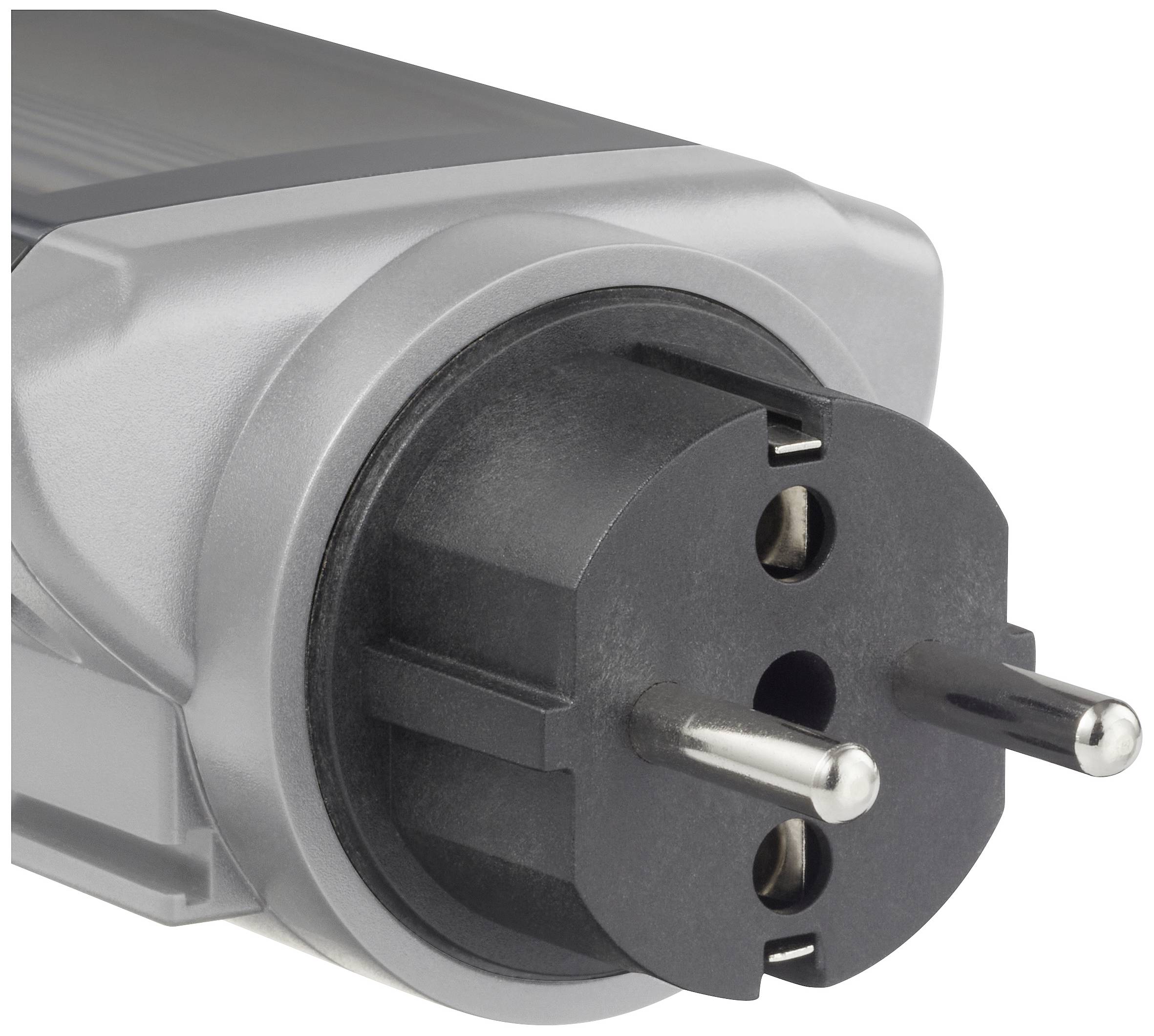 Electrical plug, European type, inserted in a grey plastic casing.